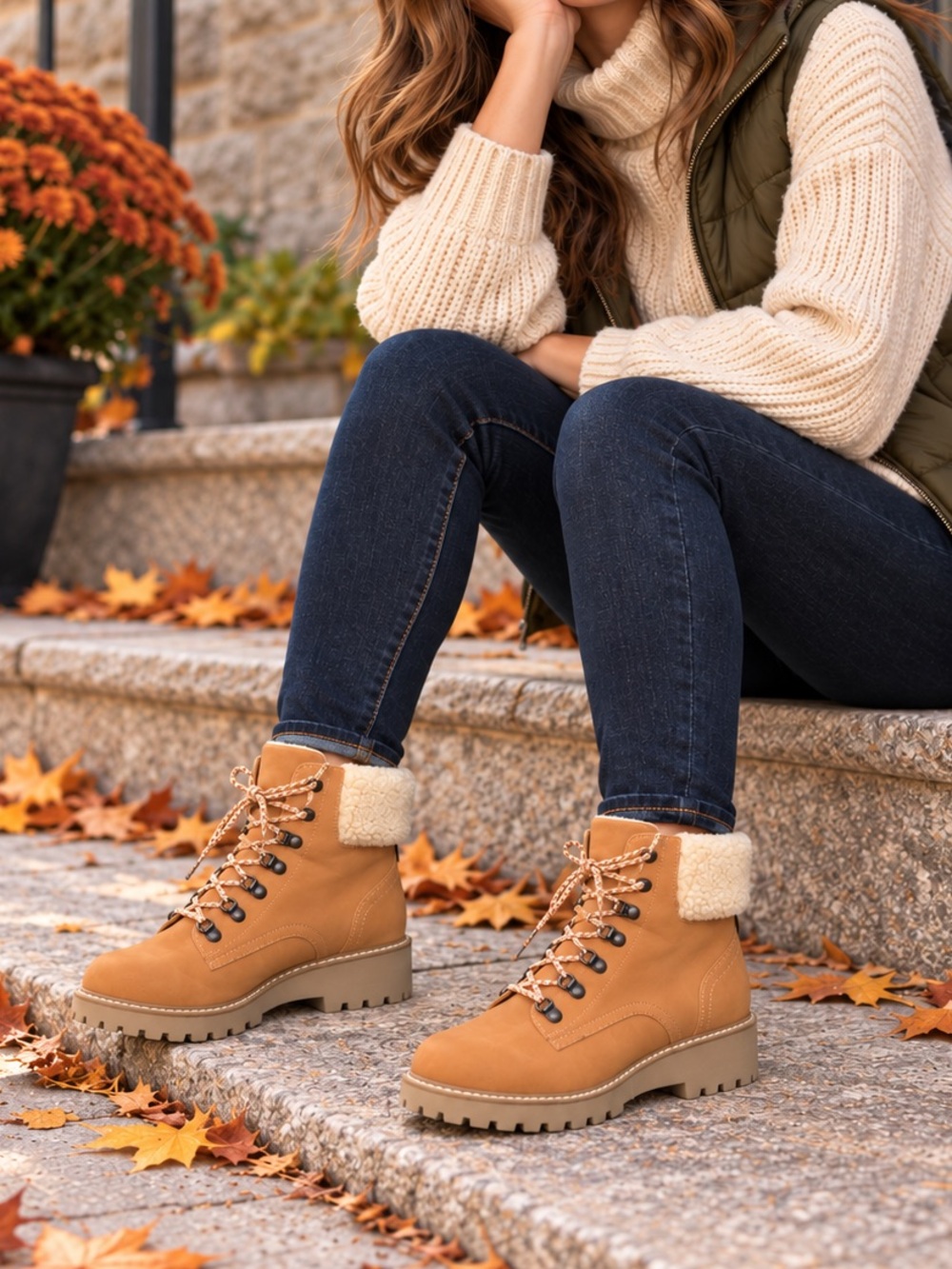 Dolce Vita 7 Tan Sherpa Lined Hiker Boots Chunky Lug Sole Lace Up Fall Shoes